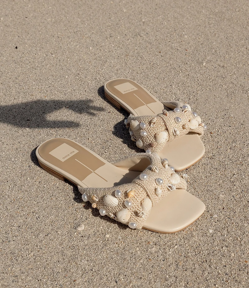 Dolce Vita Lizza Raffia Shell Embellished Slide Sandals