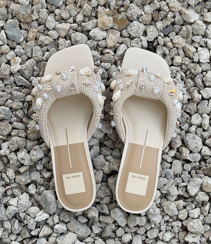 Dolce Vita Lizza Raffia Shell Embellished Slide Sandals