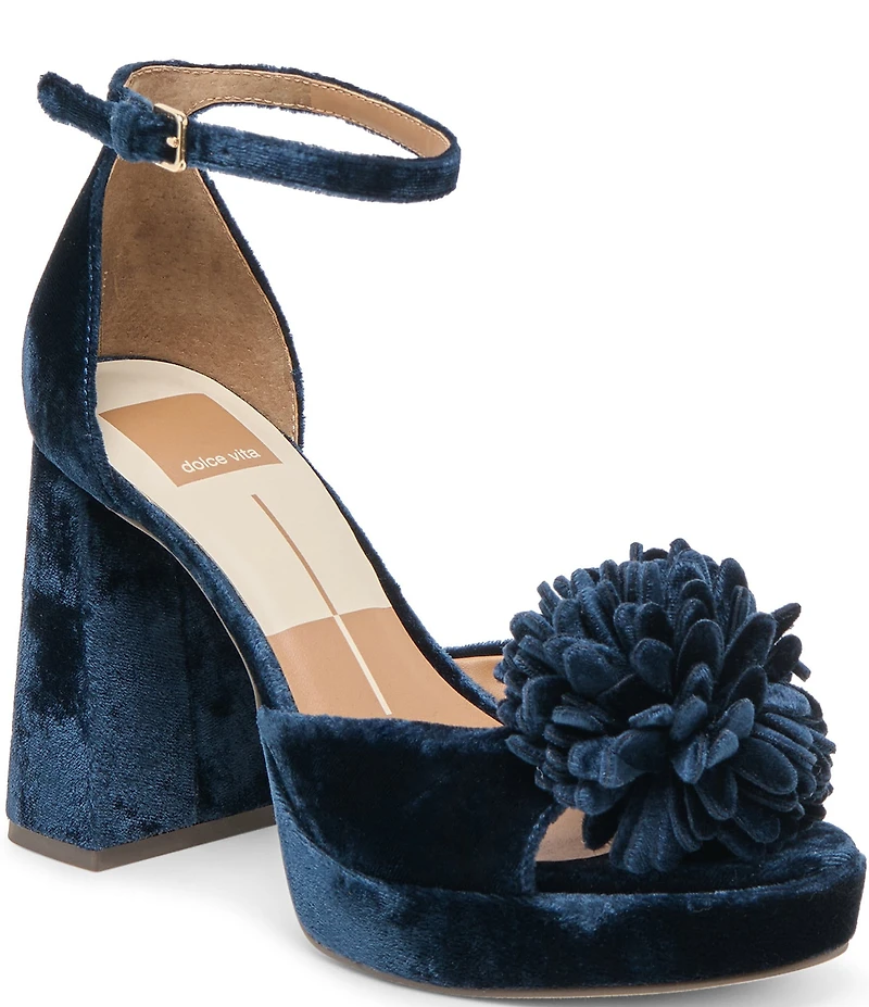 Dolce Vita Perel Velvet Pom Ornament Ankle Strap Platform Dress Sandals