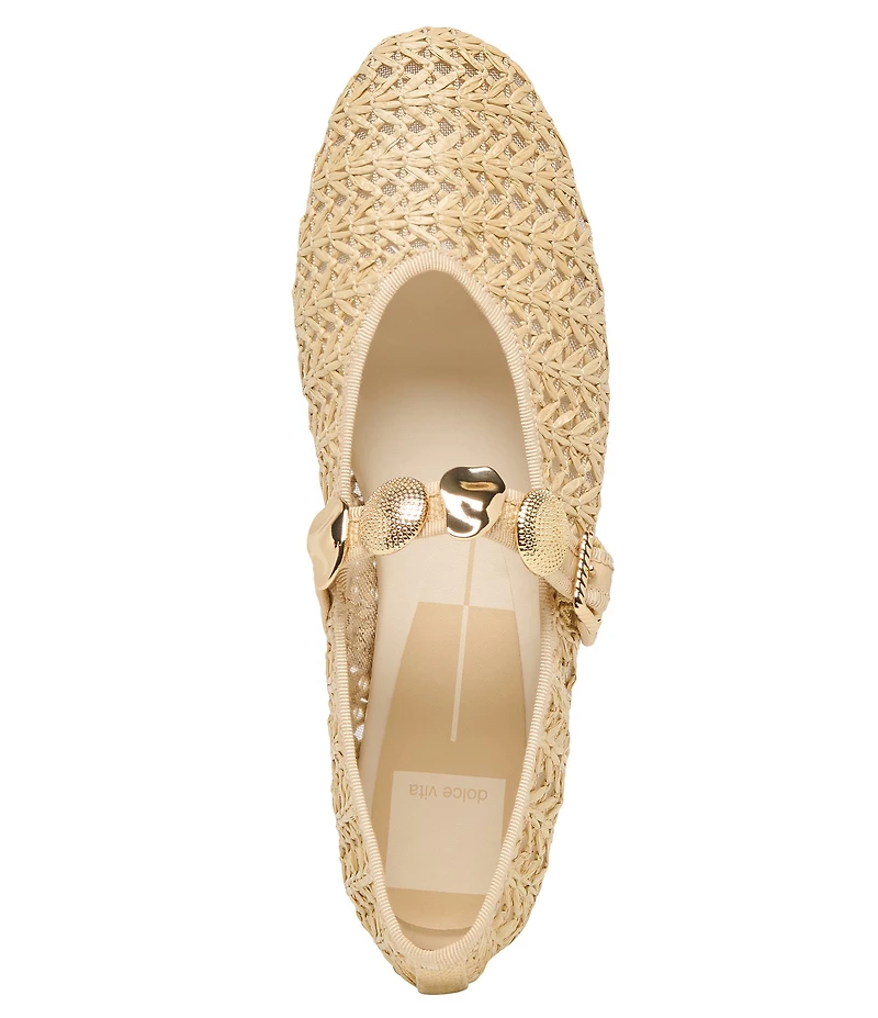 Dolce Vita Relan Crosshatch Raffia Ornamented Mary Jane Strap Ballet Flats