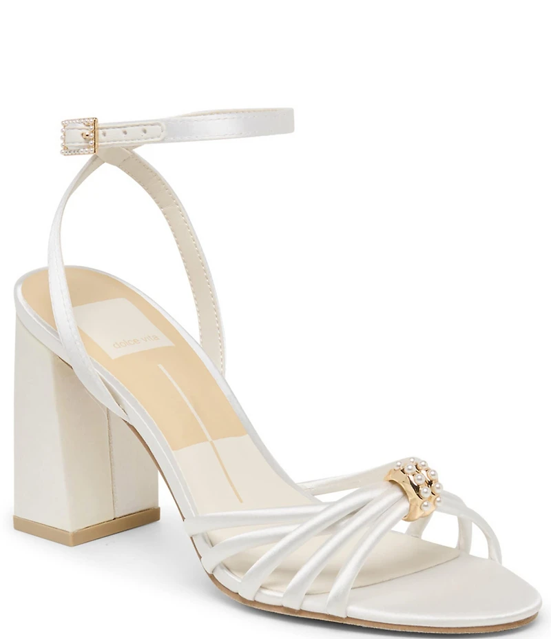 Dolce Vita Rella Satin Pearl Ornament Ankle Strap Block Heel Dress Sandals