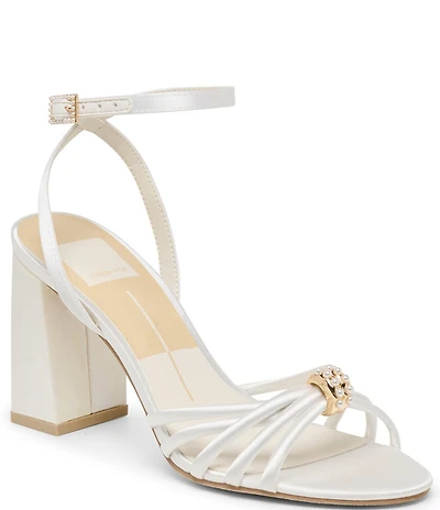Dolce Vita Rella Satin Pearl Ornament Ankle Strap Block Heel Dress Sandals