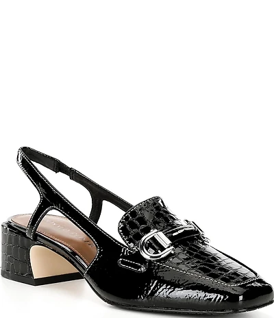 Donald Pliner Brandie Croco Patent Leather Bit Buckle Slingback Block Heel Pumps
