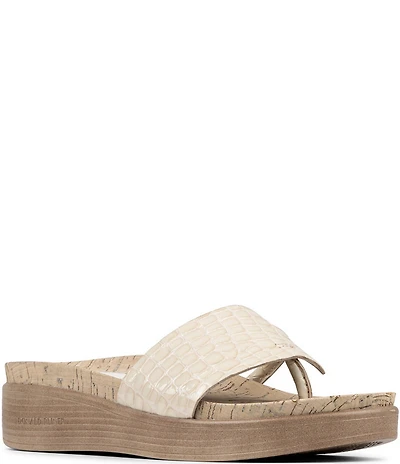 Donald Pliner Fifi Croco Embossed Patent Leather Thong Wedge Sandals