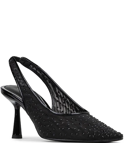 Donald Pliner Eloise Crystal Embellished Mesh Patent Trim Slingback Dress Pumps