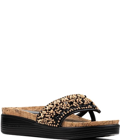 Donald Pliner Fifi Beaded Sequined Leather Cork Wedge Thong Sandals