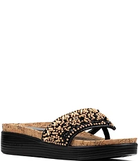 Donald Pliner Fifi Beaded Sequined Leather Cork Wedge Thong Sandals