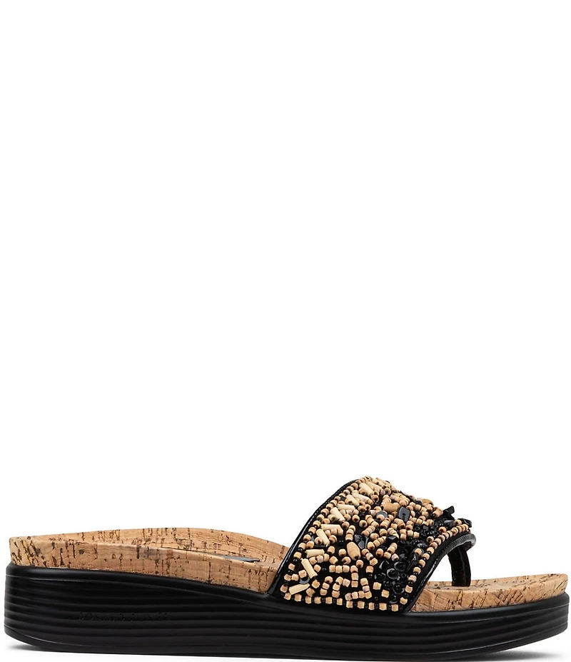 Donald Pliner Fifi Beaded Sequined Leather Cork Wedge Thong Sandals