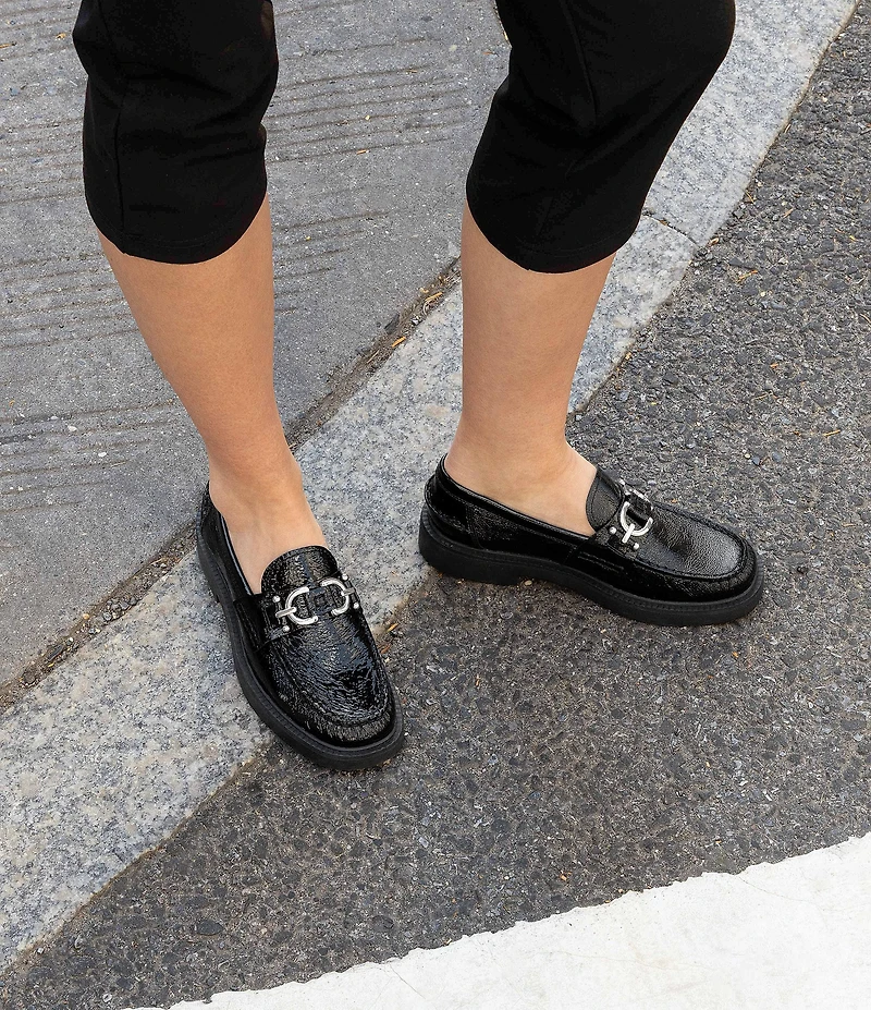Donald Pliner Galilee Crinkle Patent Leather Bit Buckle Loafers