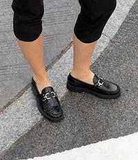 Donald Pliner Galilee Crinkle Patent Leather Bit Buckle Loafers