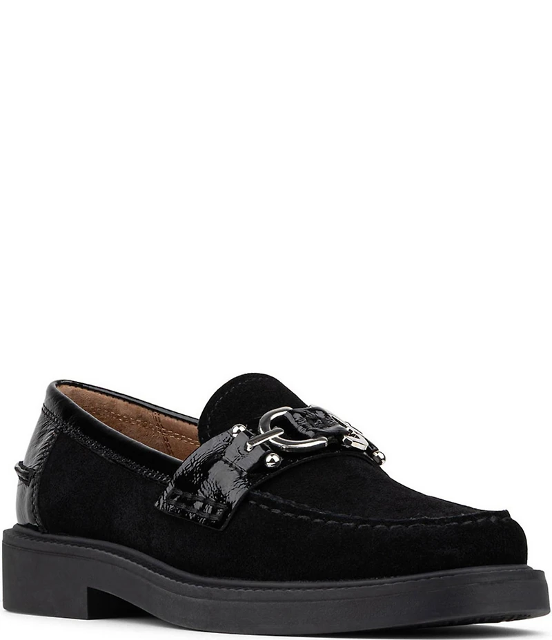 Donald Pliner Galilee Suede and Patent Bit Buckle Loafers