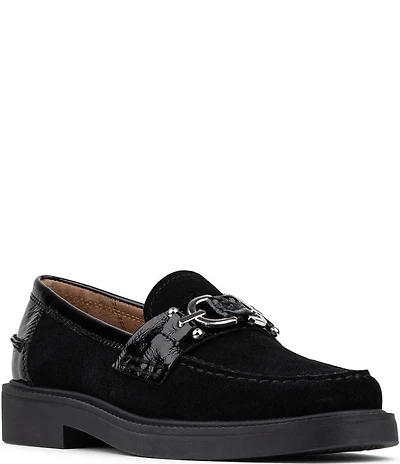 Donald Pliner Galilee Suede and Patent Bit Buckle Loafers