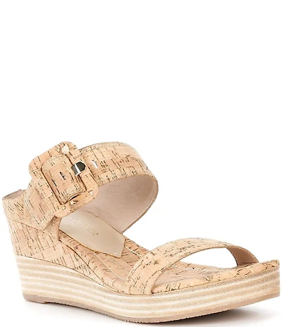 Donald Pliner Gizelle Cork Adjustable Buckle Double Banded Platform Wedge Slide Sandals