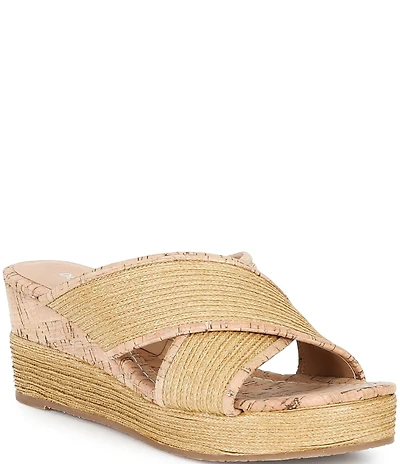 Donald Pliner Gorgina Raffia X Band Platform Wedge Slide Sandals