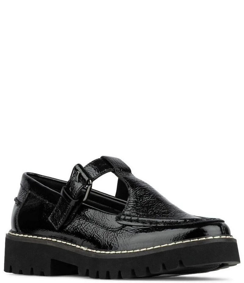 Donald Pliner Helaina Crinkle Patent Leather T-Strap Lugged Loafers