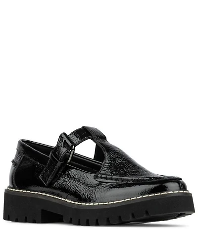 Donald Pliner Helaina Crinkle Patent Leather T-Strap Lugged Loafers