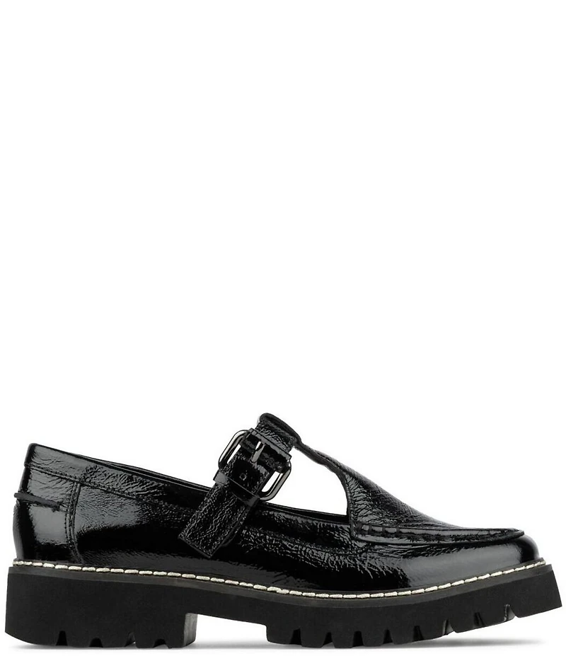 Donald Pliner Helaina Crinkle Patent Leather T-Strap Lugged Loafers
