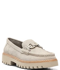 Donald Pliner Helio Suede Bit Buckle Detail Lug Sole Platform Loafers