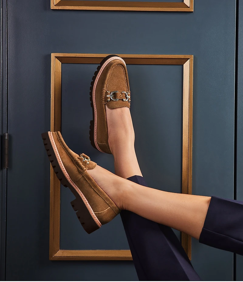 Donald Pliner Helio Suede Bit Buckle Detail Lug Sole Platform Loafers