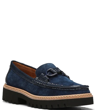 Donald Pliner Helio Suede and Patent Bit Buckle Lug Sole Platform Loafers