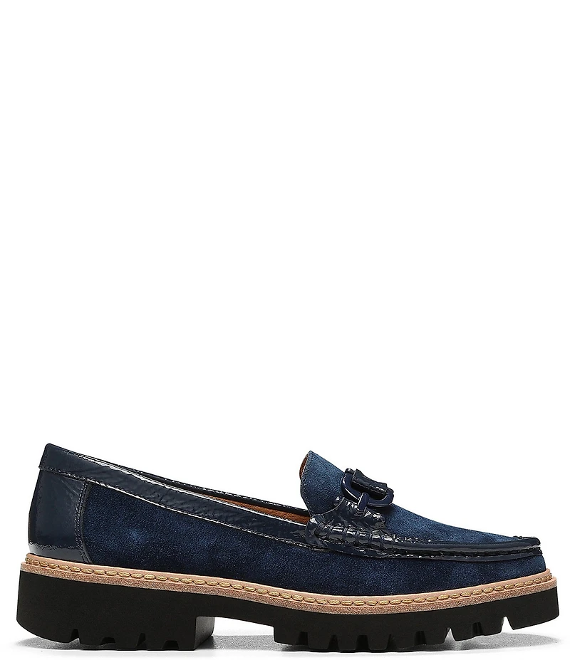Donald Pliner Helio Suede and Patent Bit Buckle Lug Sole Platform Loafers