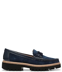 Donald Pliner Helio Suede and Patent Bit Buckle Lug Sole Platform Loafers
