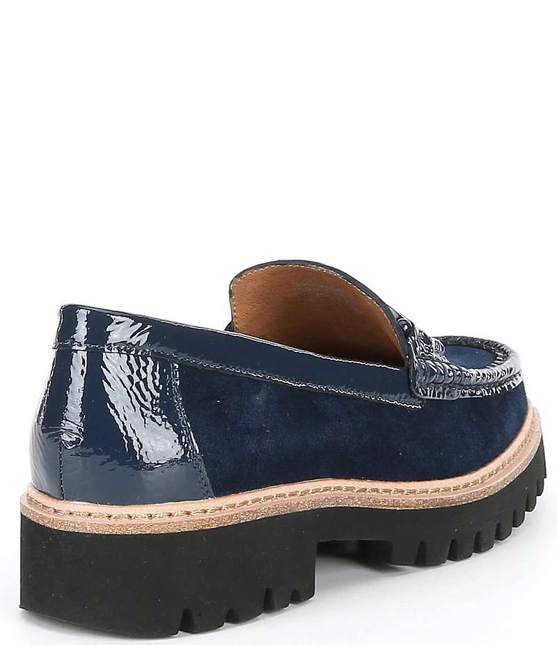 Donald Pliner Helio Suede and Patent Bit Buckle Lug Sole Platform Loafers