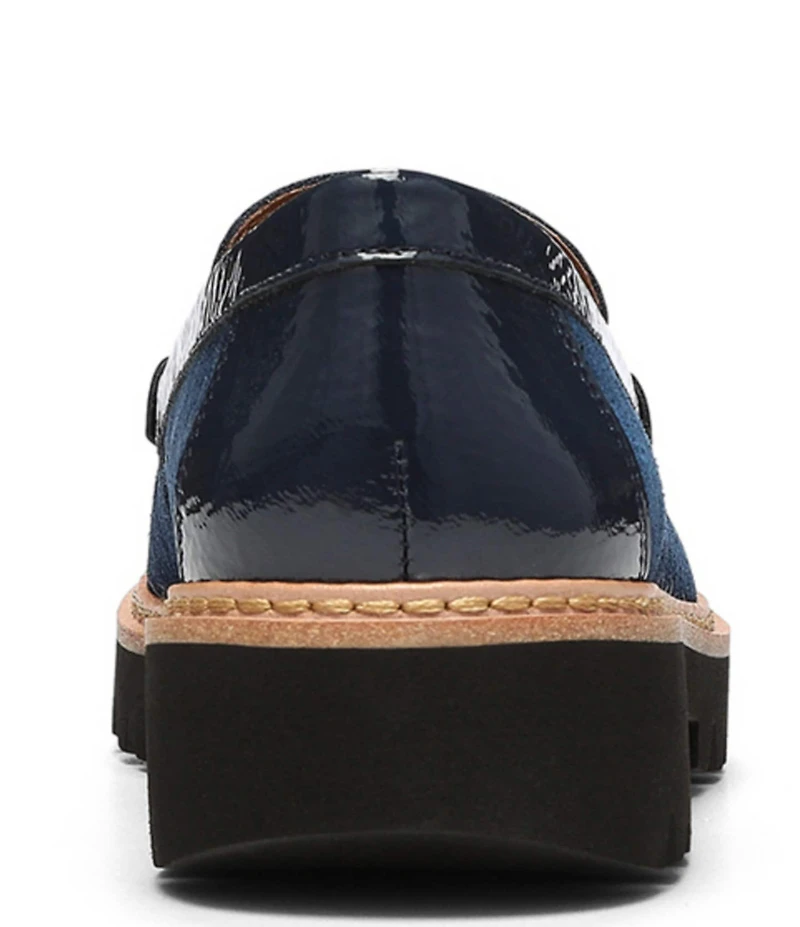 Donald Pliner Helio Suede and Patent Bit Buckle Lug Sole Platform Loafers