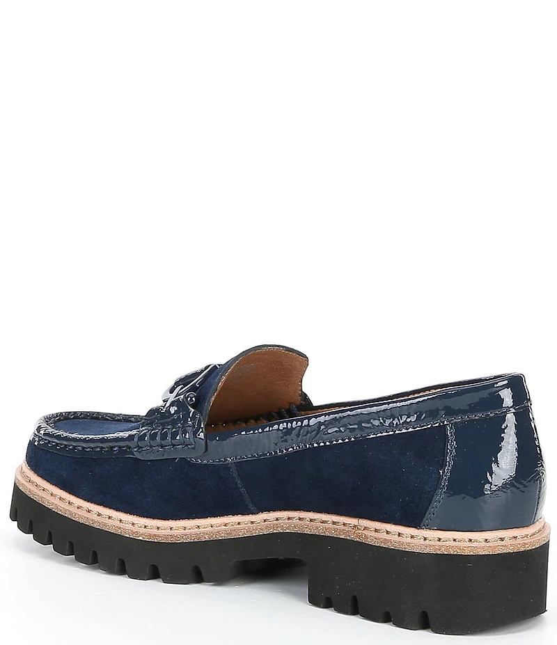 Donald Pliner Helio Suede and Patent Bit Buckle Lug Sole Platform Loafers