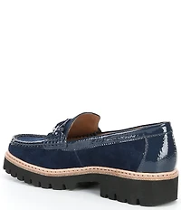 Donald Pliner Helio Suede and Patent Bit Buckle Lug Sole Platform Loafers