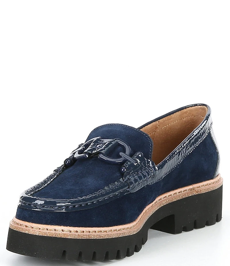 Donald Pliner Helio Suede and Patent Bit Buckle Lug Sole Platform Loafers