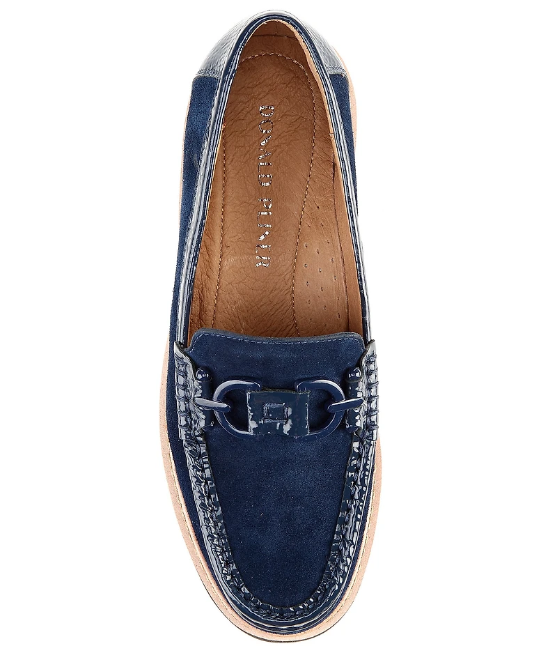 Donald Pliner Helio Suede and Patent Bit Buckle Lug Sole Platform Loafers