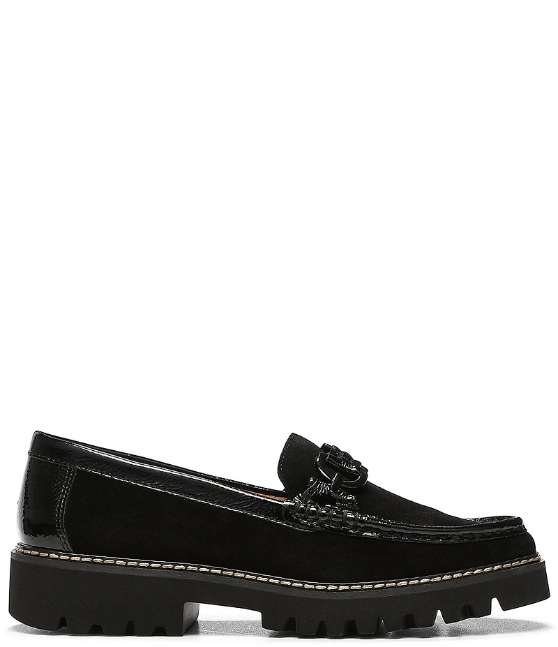 Donald Pliner Helio Suede and Patent Bit Buckle Lug Sole Platform Loafers