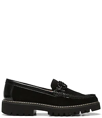 Donald Pliner Helio Suede and Patent Bit Buckle Lug Sole Platform Loafers