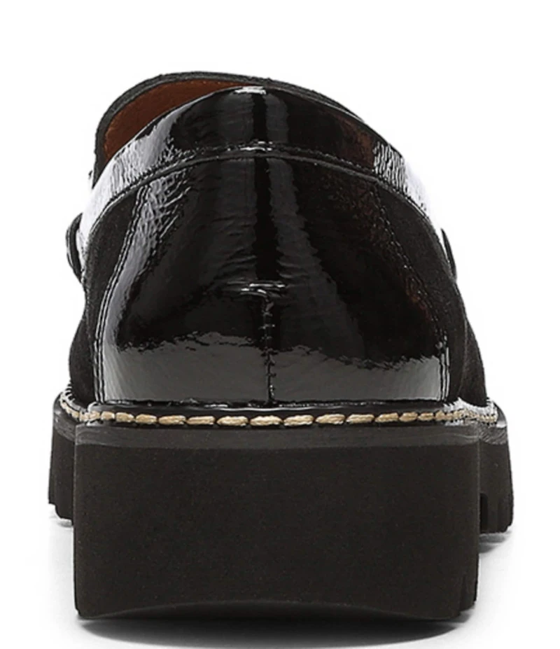 Donald Pliner Helio Suede and Patent Bit Buckle Lug Sole Platform Loafers