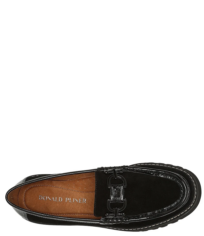 Donald Pliner Helio Suede and Patent Bit Buckle Lug Sole Platform Loafers