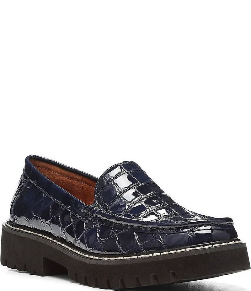 Donald Pliner Hope Crocodile Embossed Patent Leather Lug Sole Platform Loafers