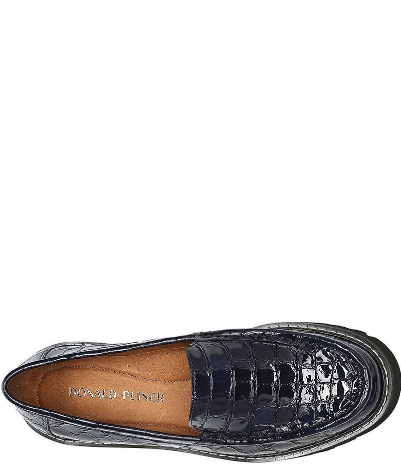 Donald Pliner Hope Crocodile Embossed Patent Leather Lug Sole Platform Loafers