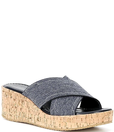 Donald Pliner Jocelyn Criss Cross Denim Slip-On Wedge Sandals