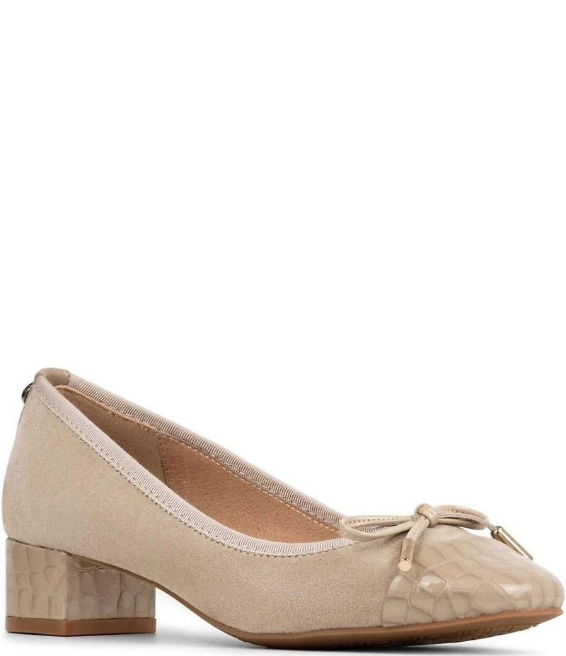 Donald Pliner Josefina Suede Crocodile Embossed Patent Cap Toe Block Heel Bow Pumps