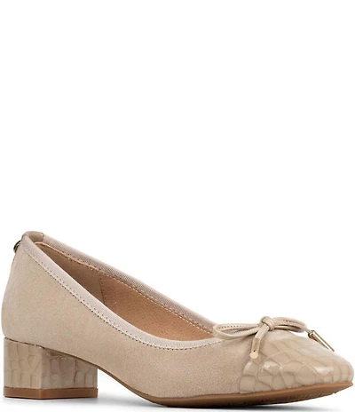 Donald Pliner Josefina Suede Crocodile Embossed Patent Cap Toe Block Heel Bow Pumps