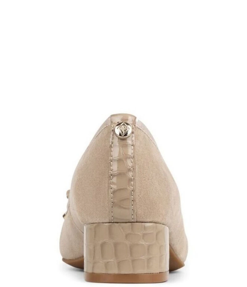 Donald Pliner Josefina Suede Crocodile Embossed Patent Cap Toe Block Heel Bow Pumps