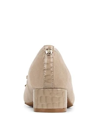 Donald Pliner Josefina Suede Crocodile Embossed Patent Cap Toe Block Heel Bow Pumps
