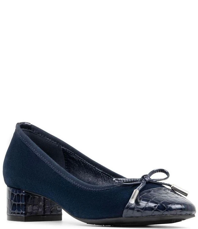Donald Pliner Josefina Suede Crocodile Embossed Patent Cap Toe Block Heel Bow Pumps