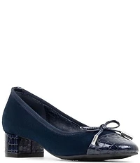 Donald Pliner Josefina Suede Crocodile Embossed Patent Cap Toe Block Heel Bow Pumps