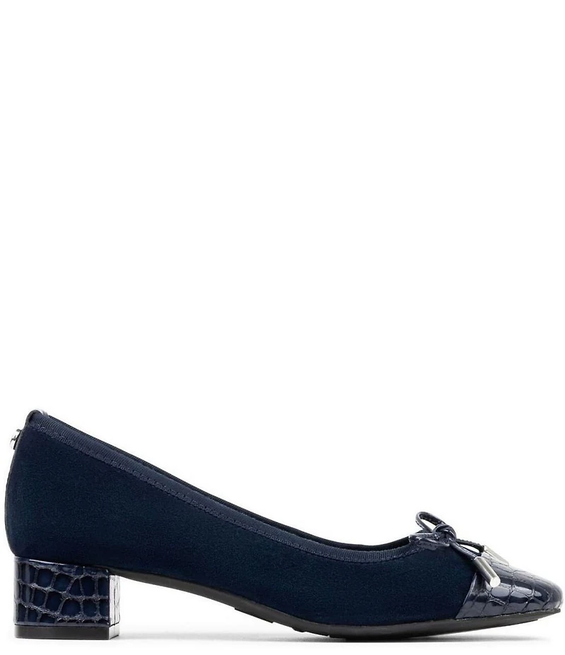 Donald Pliner Josefina Suede Crocodile Embossed Patent Cap Toe Block Heel Bow Pumps
