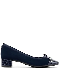Donald Pliner Josefina Suede Crocodile Embossed Patent Cap Toe Block Heel Bow Pumps