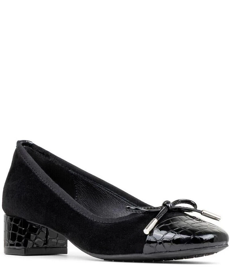 Donald Pliner Josefina Suede Crocodile Embossed Patent Cap Toe Block Heel Bow Pumps