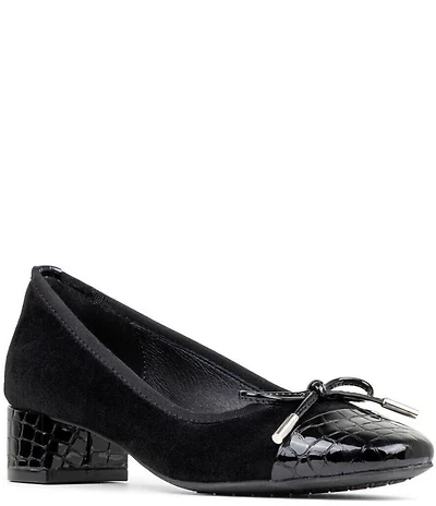 Donald Pliner Josefina Suede Crocodile Embossed Patent Cap Toe Block Heel Bow Pumps