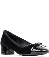 Donald Pliner Josefina Suede Crocodile Embossed Patent Cap Toe Block Heel Bow Pumps